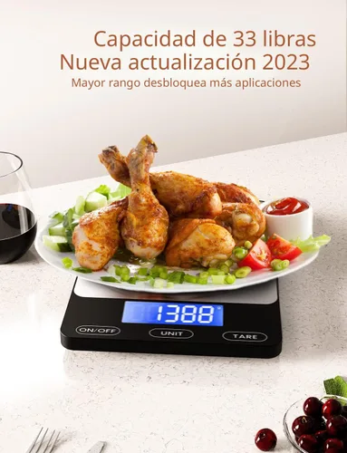 Miniatura 5 de Báscula de alimentos - Báscula de cocina digital de 33 libras para gramos y onzas de alimentos, recargable, acero inoxidable 304, baterías y carga