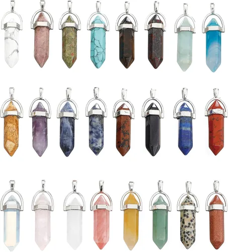 Lezam 24 piezas de dijes de cristal de curación para mujeres, piedras naturales de cuarzo de chakra, dijes hexagonales de piedra preciosa a granel