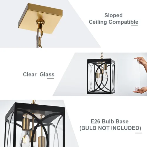 Miniatura 7 de Lámparas colgantes para exteriores, moderna linterna colgante exterior de 3 luces, panel de cristal transparente, candelabro grande negro