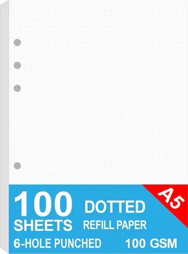 Papel punteado A5, repuestos para planificador Filofax, organizador, carpetas, 6 agujeros perforados, 100 hojas/200 páginas, 100 g/m², blanco, 5.8 x