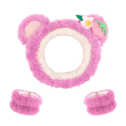 CAVETEE Diadema, juego de 3 piezas de diadema y pulsera de oso de peluche rosa esponjoso para maquillaje para mujeres, juego de diadema y pulsera