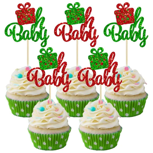 Miniatura 25 de Gyufise 24 piezas Adornos para cupcakes de jengibre de Navidad con purpurina, adornos para cupcakes de jengibre para revelar el género, púas