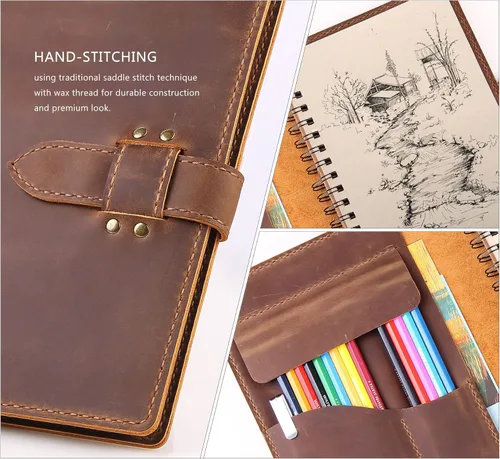 Miniatura 5 de Robrasim - Funda de cuero para cuaderno de bocetos hecha a mano, funda de cuero para cuaderno de bocetos de artista para cuaderno de bocetos de 14 x