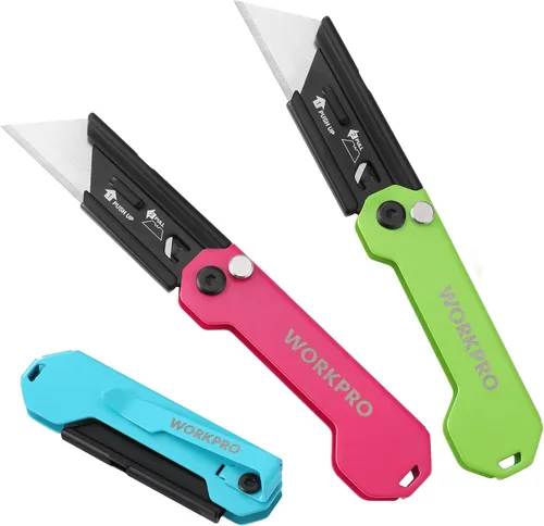 Miniatura 11 de WORKPRO Paquete de 3 cuchillos utilitarios plegables, cuchillas de cambio rápido, juego de cuchillos de bolsillo plegables EDC con clip