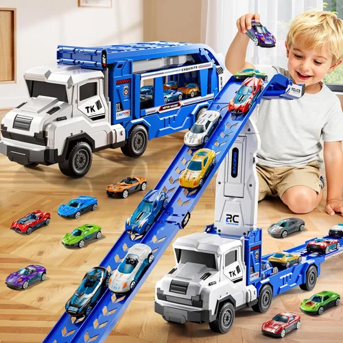 Miniatura 10 de Juego de camiones y coches para niños de 3, 4, 5, 6, 7, 8 años, juego de camiones transportadores con pista de 12 coches fundidos a presión