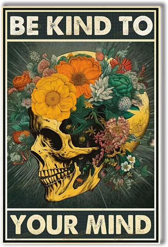 Miniatura 8 de TSEZLOJH Lienzo decorativo para pared, diseño de flores con texto en inglés «Be Kind to Your Mind», diseño retro para tus familiares y amigos, marco
