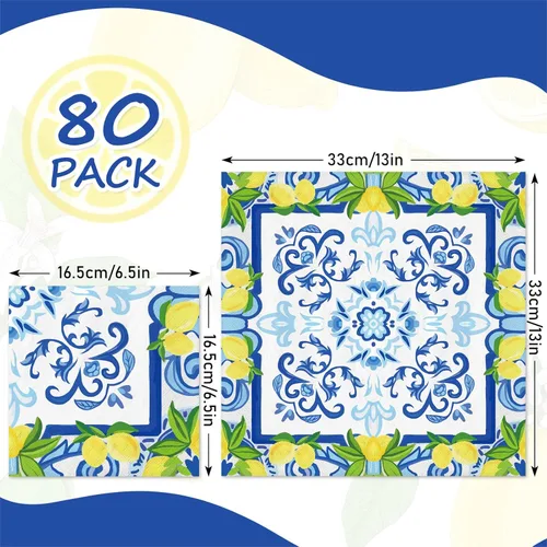 Miniatura 2 de JarThenaAMCS 80 servilletas de papel de limón de azulejos cian-azul amarillo servilletas de almuerzo acuarela limón desechables servilletas de cena