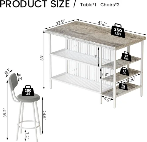 Miniatura 3 de DKLGG Juego de mesa de comedor de 3 piezas para 2, isla de cocina con asientos y almacenamiento, juego de mesa de bar industrial y sillas, juego