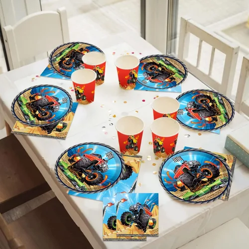 Miniatura 6 de OXYLIPO Paquete de 24 platos de papel de postre Monster Truck de 9 pulgadas, platos redondos desechables para automóvil, platos de fiesta, baby