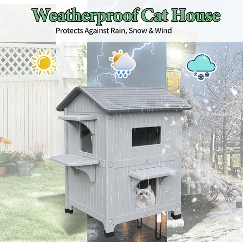 Miniatura 7 de Casa para gatos al aire libre, resistente a la intemperie, casas de plástico para gatos con puerta de escape, 2 pisos para interiores, impermeable