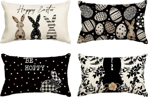 Miniatura 10 de AVOIN colorlife Juego de 4 fundas de almohada negras de 16 x 16 pulgadas con diseño de conejo de Pascua Happy Easter Be Hoppy Rabbit