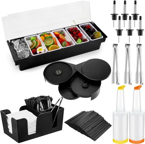 Mifoci Suministros de Bartending Bandeja de Guarnición con Tapa Caddy de Bar Rimador de Vasos de 3 Niveles 12 Vertedores de Botellas de Acero