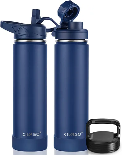 Miniatura 48 de CIVAGO Botella de agua aislada de 22 onzas con pajita, frasco de agua deportiva de acero inoxidable con 3 tapas