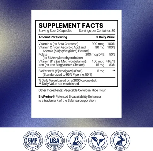 Miniatura 8 de Research Verified Anemitrax - Reponer hierro, regular la hemoglobina, mejorar la energía - Hierro, vitamina C, vitamina A, B12, folato, bioperina