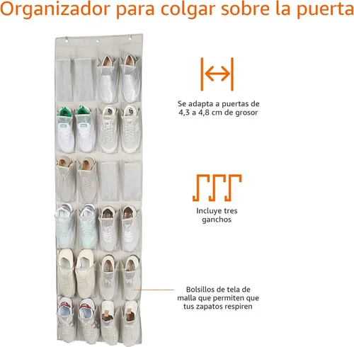Miniatura 2 de Amazon Basics - Organizador de zapatos de tamaño mediano para colgar sobre la puerta de 24 bolsillos Sobre la puerta