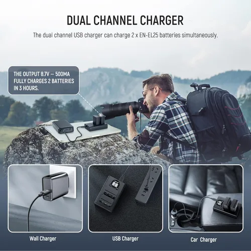 Miniatura 6 de NEEWER Juego de batería de repuesto y cargador para EN-EL25, paquete de 2 baterías de 1350 mAh y cargador USB tipo C de doble canal, compatible