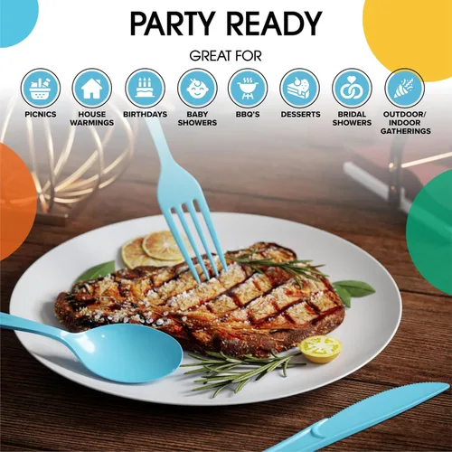 Miniatura 6 de Party Solids Cubiertos de plástico azul claro, 150 piezas, color azul claro, desechables, juegos de utensilios resistentes, 50 de cada tenedor