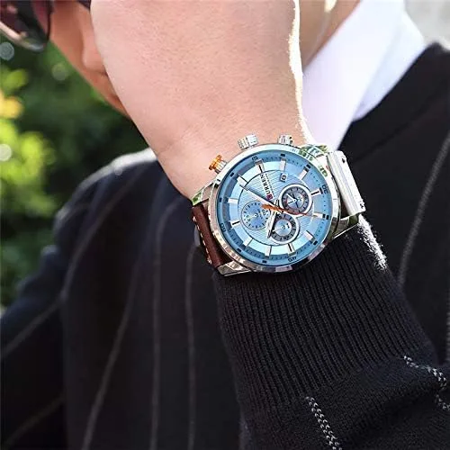 Miniatura 4 de Reloj de cuarzo analógico con correa de cuero para hombre, estilo clásico, informal, de acero inoxidable, impermeable, cronógrafo, fecha, analógico
