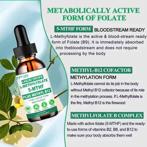 Miniatura 6 de Suplemento de metilfolato gotas líquidas, L Methy Folate 15mg Plus Methy B12, B6, B2 Multivitamínico, Metabólicamente Activo 5-MTHF