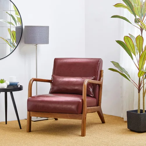 Miniatura 20 de Glitzhome Sillón Accent de mediados de siglo en verde cazador, sillón de lectura individual de cuero PU con marco de nogal y ruberwood Pu verde.