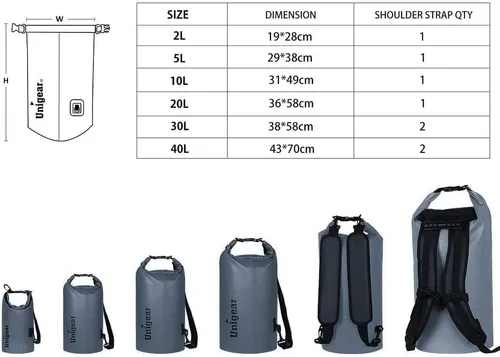 Miniatura 6 de Bolsa seca Unigear impermeable, 2L/5L/10L/20L/30L/40L, Bolsas flotantes y ligeras para kayak, navegación, pesca, natación y camping con funda Gris