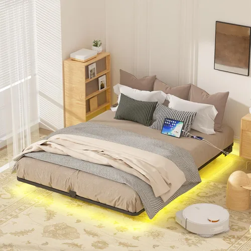 Miniatura 9 de Marco de cama flotante de tamaño completo con luces LED inteligentes, marco de cama flotante de plataforma de metal resistente, no necesita somier