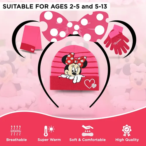 Miniatura 3 de Minnie Mouse - Gorro de invierno para niños guantes de nieve y bufanda para niñas y niños pequeños juego de 3 piezas lindo gorro con lazo a lunares