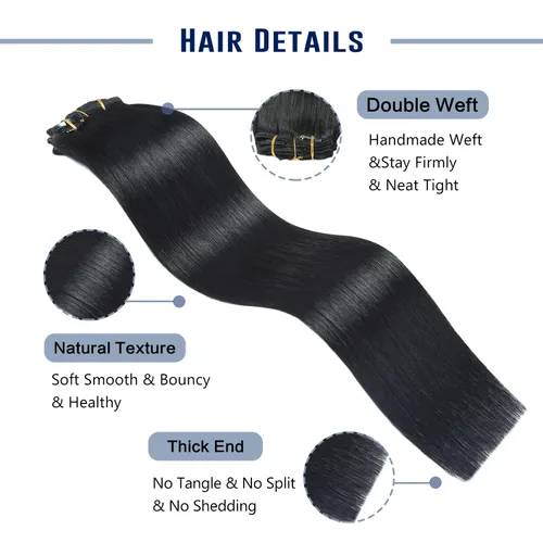 Miniatura 2 de Sunya Extensiones de cabello humano real con clip, color negro azabache, doble trama, lacio, 12 pulgadas, #1, 8 unidades, 3.53 oz