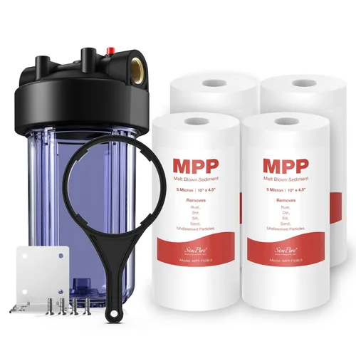 SimPure Carcasa de filtro de agua para toda la casa de 10 pulgadas DB10C y 4 piezas de cartucho de repuesto de filtro de agua de sedimentos de 5
