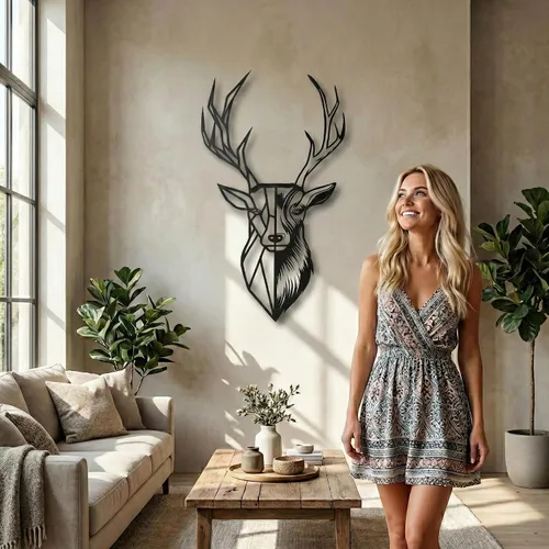 Miniatura 3 de DEKADRON Arte de pared de metal natural con cabeza de ciervo de metal, silueta de ciervo 3D, decoración de pared de metal, decoración del hogar