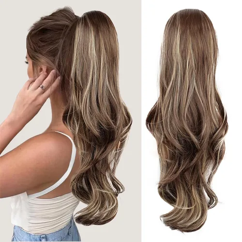 Miniatura 15 de Extensión de cola de caballo rubio, extensión de cola de caballo con cordón de 20 pulgadas para mujeres, extensiones de cabello de cola de caballo