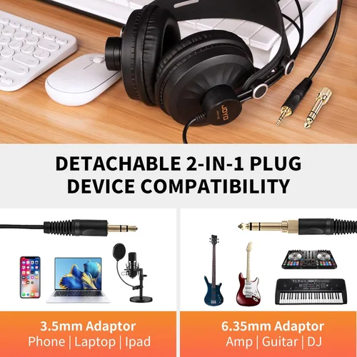 Miniatura 4 de JOYO Auriculares de estudio para grabación, cancelación de ruido sobre la oreja, para guitarra, teléfono celular, mezclador, amplificador, podcast