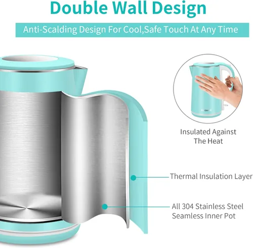 Miniatura 2 de Hervidor eléctrico de acero inoxidable para agua hirviendo, calentador de caldera de agua caliente de doble pared, tetera eléctrica de tacto fresco