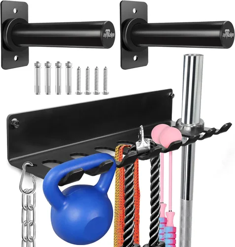 Miniatura 10 de Organizador de gimnasio, colgador de accesorios de gimnasio en casa, ganchos de montaje en pared para mancuernas olímpicas, asas de fila