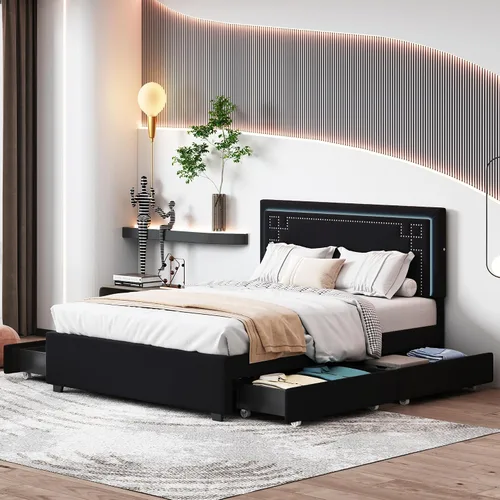 Miniatura 36 de Cama de plataforma flotante, marco de cama de madera tamaño individual con rayas claras, tela de lino suave y cabecera de diseño capitoné