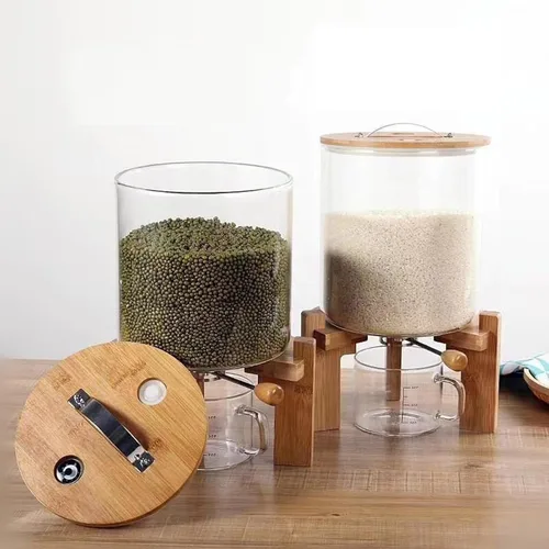 Miniatura 2 de Dispensador de arroz de 5 L, cubo de vidrio dispensador de granos, dispensador de cereales para cocina y organización de despensa, recipiente grande