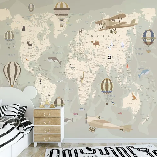 Miniatura 10 de Papel tapiz de mapa del mundo para niños con animales, calcomanías educativas para despegar y pegar, murales de guardería para bebés, niños