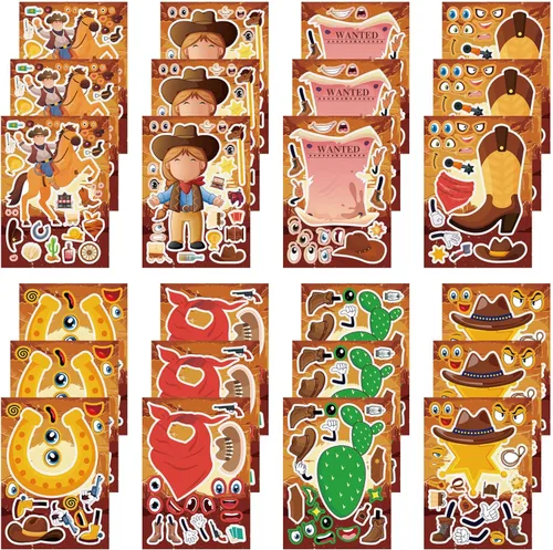 Miniatura 28 de 24 hojas de calcomanías de abeja para hacer una cara, lindos juegos de fiesta de animales, calcomanías para mezclar y combinar, haz tus propias vaca