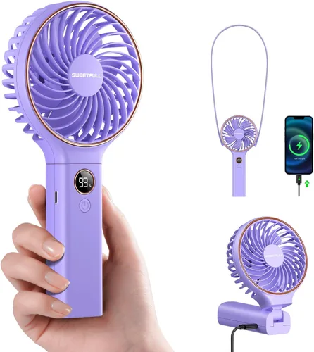 Miniatura 13 de SWEETFULL Ventilador portátil de mano, batería recargable de 5000 mAh, viento de 6 velocidades, pantalla digital LED, mini ventilador de viaje Negro