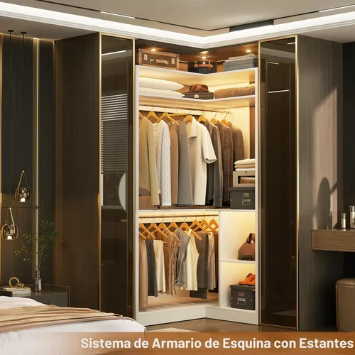 Miniatura 5 de Aheaplus - Sistema de armario de esquina con estantes, organizador de 34'' con varillas para colgar, de madera para espacios pequeños, torre Blanco