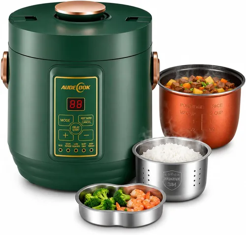 Audecook Arrocera baja en carbohidratos, mini multicocina sin cocer de 2 tazas de 1.2 L, máquina de arroz antiadherente portátil 7 en 1 con