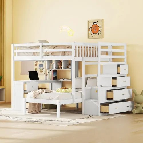 Miniatura 11 de RUNNA Litera matrimonial sobre individual con escritorio, cajones y escaleras, litera de madera maciza para niños, niñas, adolescentes y adultos
