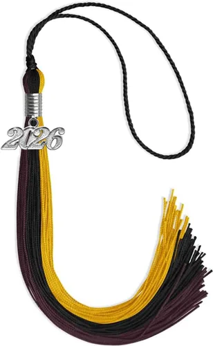 Miniatura 132 de Endea Graduation Borla de triple color con gota de fecha plateada (negro/dorado/granate, 2020)