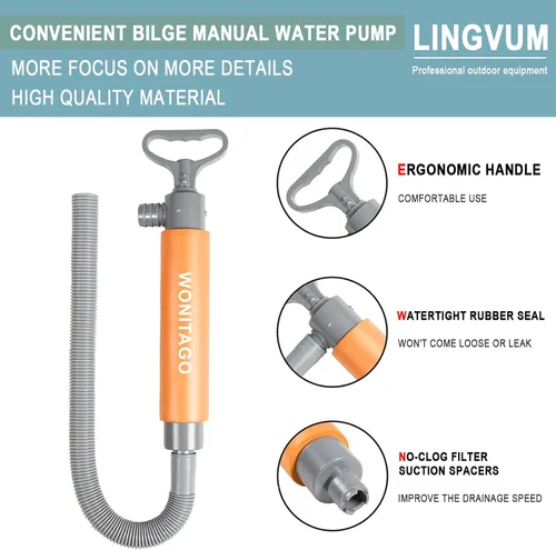 Miniatura 2 de Bomba de sentina manual para kayak, canoa y barco, bomba de agua manual de sifón portátil de 17 pulgadas para kayaks con manguera reversible, naranja