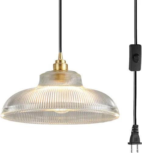 Miniatura 21 de Lámpara colgante enchufable de cristal azul, lámpara colgante dorada de altura ajustable con interruptor de encendido/apagado de cable de 14.7 pies