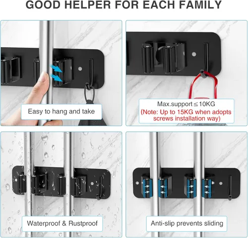 Miniatura 4 de homeasy - Soporte de pared para escoba y fregona, organizador con ganchos de acero inoxidable resistente Pack de 2, instalación sin taladro ni