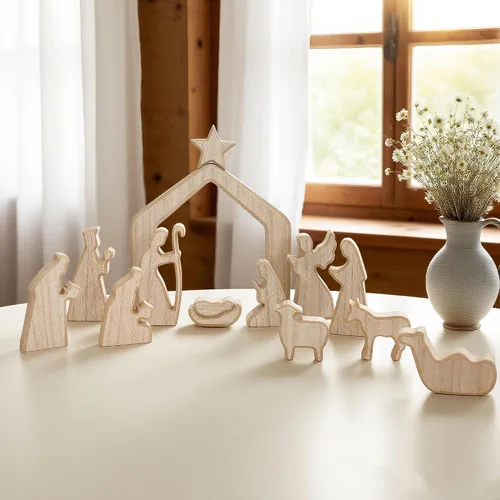 Miniatura 7 de NEROSUN - Juego de escenas de la Natividad, 13 figuras de madera en miniatura de la Sagrada Familia y el pesebre, figuras minimalistas, bohemias