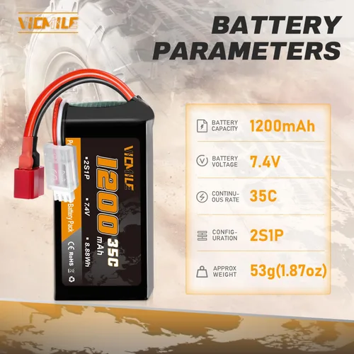 Miniatura 2 de Batería Lipo de 7.4V 1200mAh 2S 35C Batería recargable de alta tasa de descarga con enchufe T estilo Dean apto para WLtoys A949 A959 A969 A979 K929