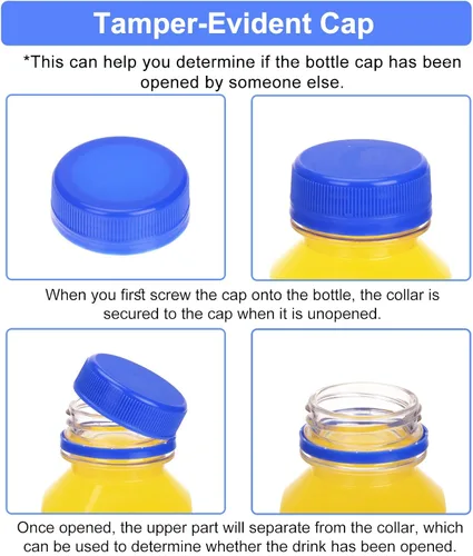 Miniatura 4 de SUPERLELE 10 botellas de plástico para jugo de 12 onzas con 10 tapas negras y 10 tapas azules, recipientes de jugo reutilizables con tapas