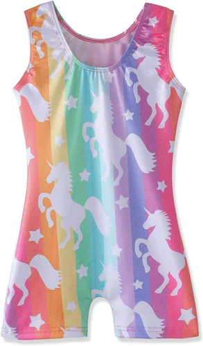 Miniatura 63 de HOZIY - Leotardos de gimnasia con pantalones cortos brillantes para niñas pequeñas; estampados de unicornio, aurora, arco iris, sirena, dinosaurio